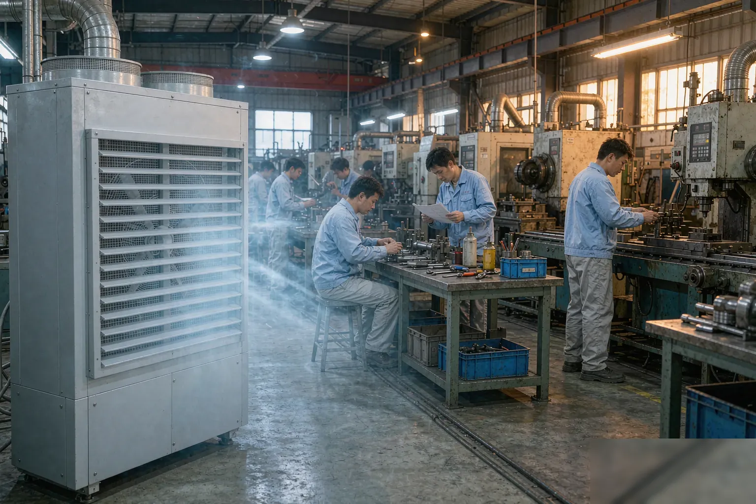 车间工人在使用工业省电空调降温后舒适作业